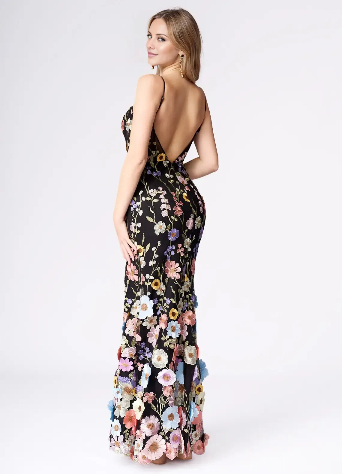 Black Dress Spaghetti Straps Romantic 3D Flower Maxi Dress Sleeveless Mermaid Side Slit Prom Dress