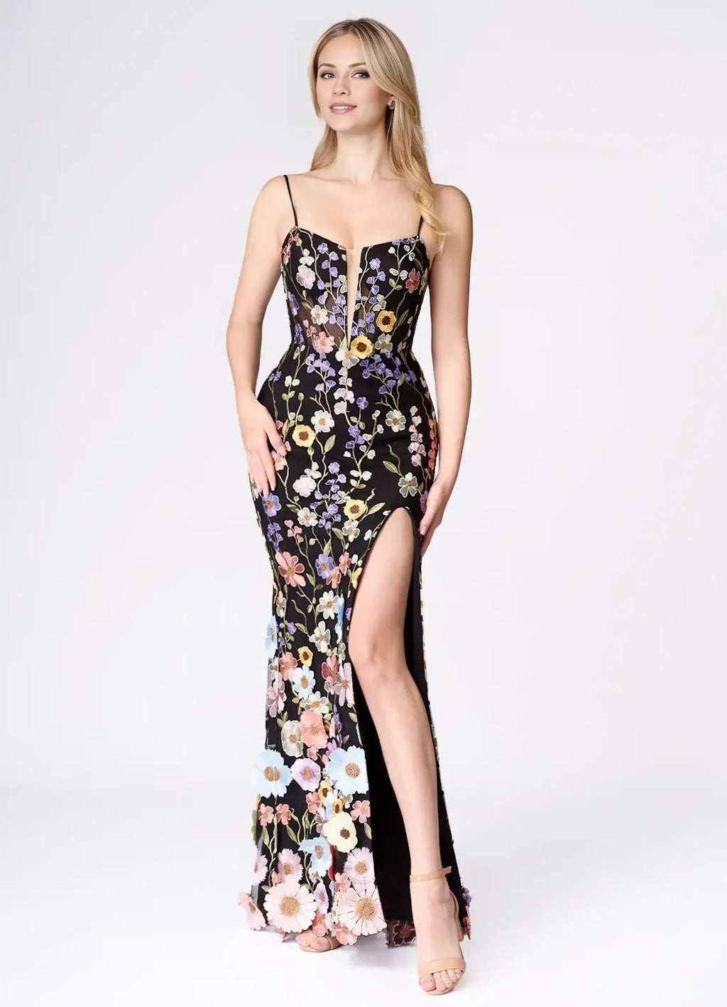 Black Dress Spaghetti Straps Romantic 3D Flower Maxi Dress Sleeveless Mermaid Side Slit Prom Dress