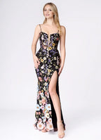 Black Dress Spaghetti Straps Romantic 3D Flower Maxi Dress Sleeveless Mermaid Side Slit Prom Dress