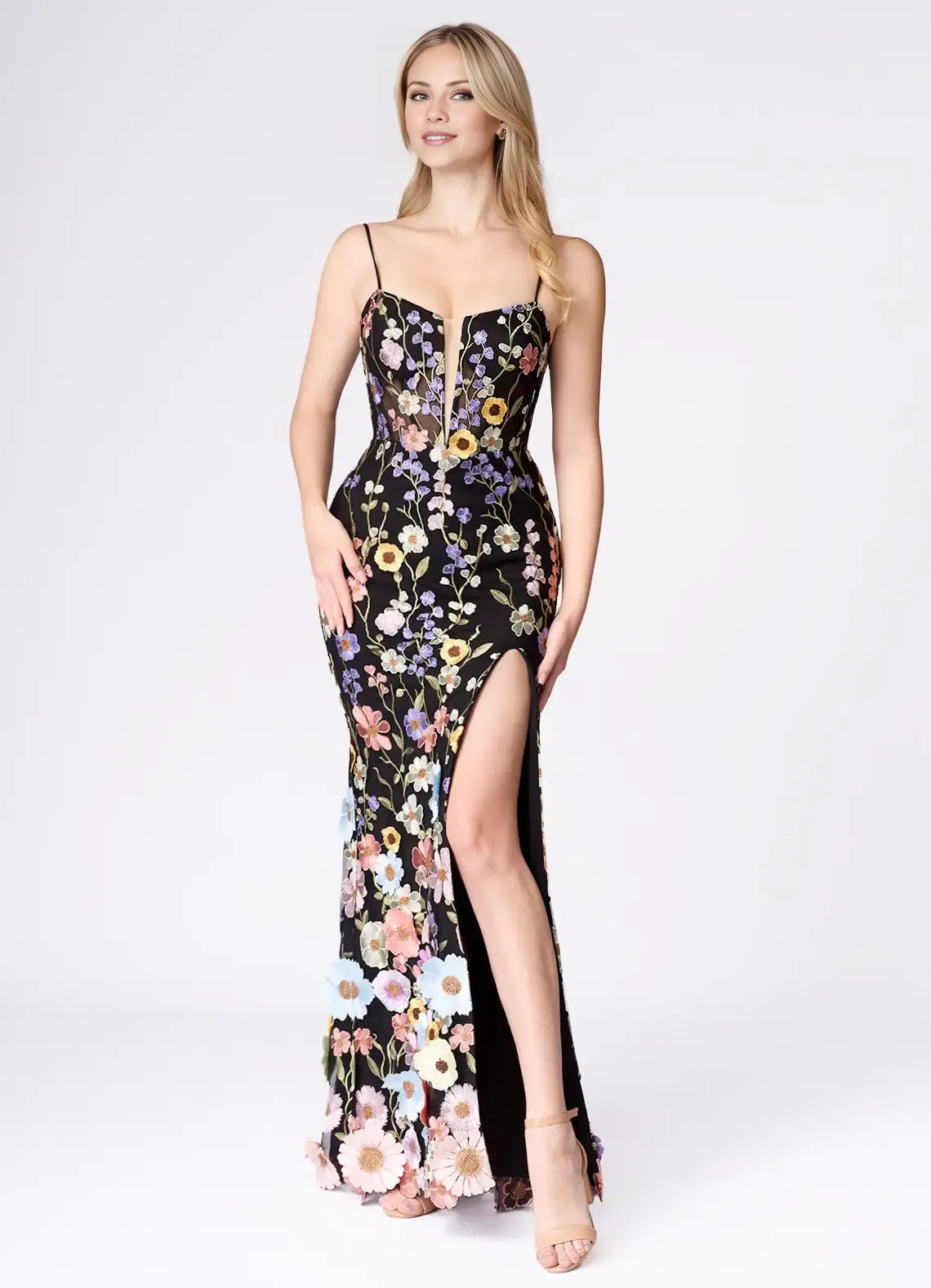 Black Dress Spaghetti Straps Romantic 3D Flower Maxi Dress Sleeveless Mermaid Side Slit Prom Dress