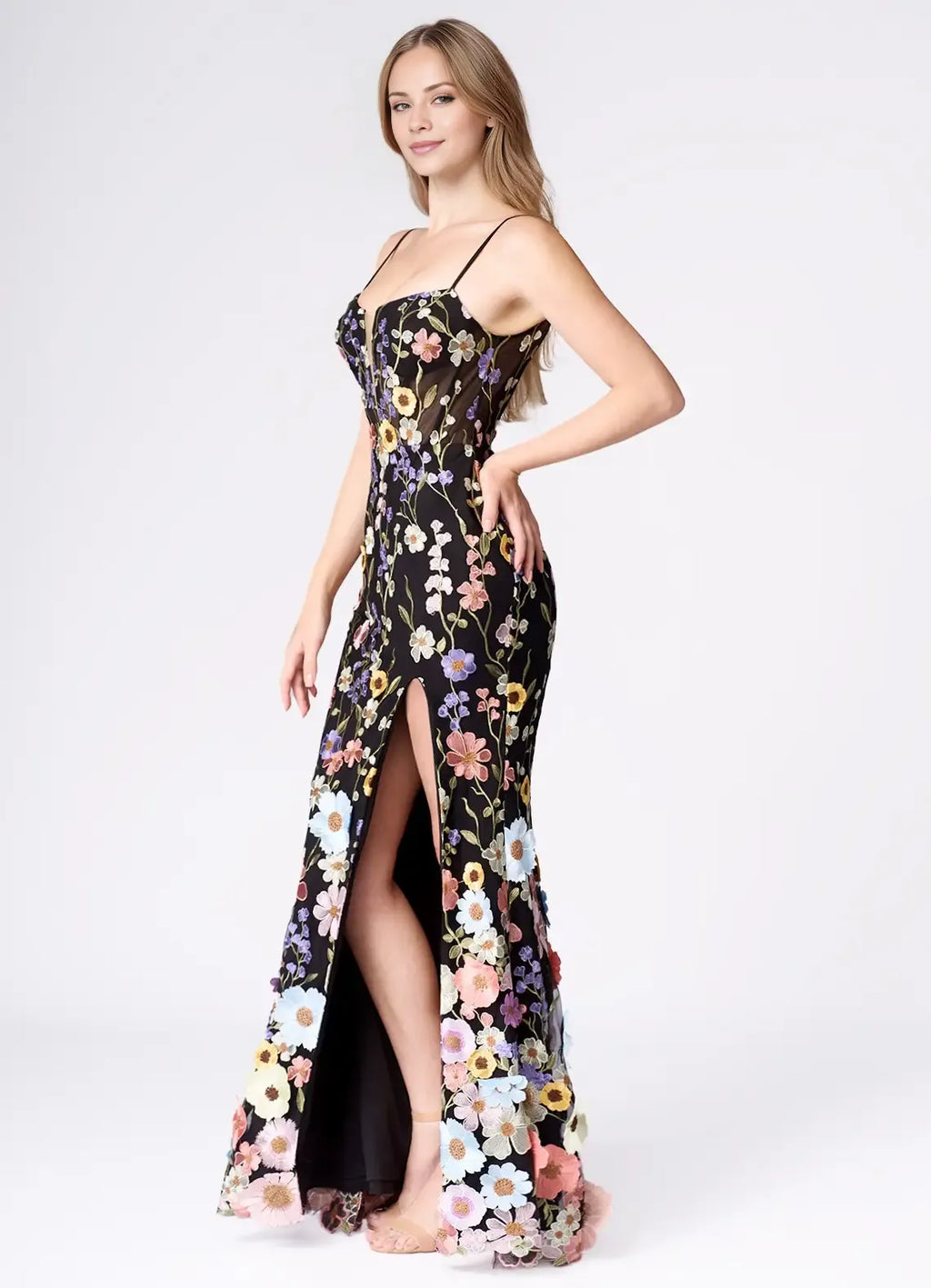 Black Dress Spaghetti Straps Romantic 3D Flower Maxi Dress Sleeveless Mermaid Side Slit Prom Dress