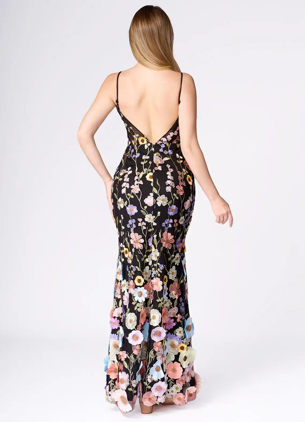 Black Dress Spaghetti Straps Romantic 3D Flower Maxi Dress Sleeveless Mermaid Side Slit Prom Dress