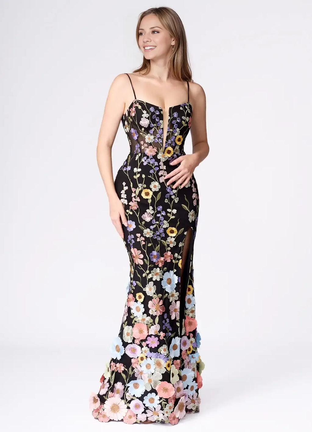 Black Dress Spaghetti Straps Romantic 3D Flower Maxi Dress Sleeveless Mermaid Side Slit Prom Dress
