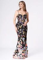 Black Dress Spaghetti Straps Romantic 3D Flower Maxi Dress Sleeveless Mermaid Side Slit Prom Dress