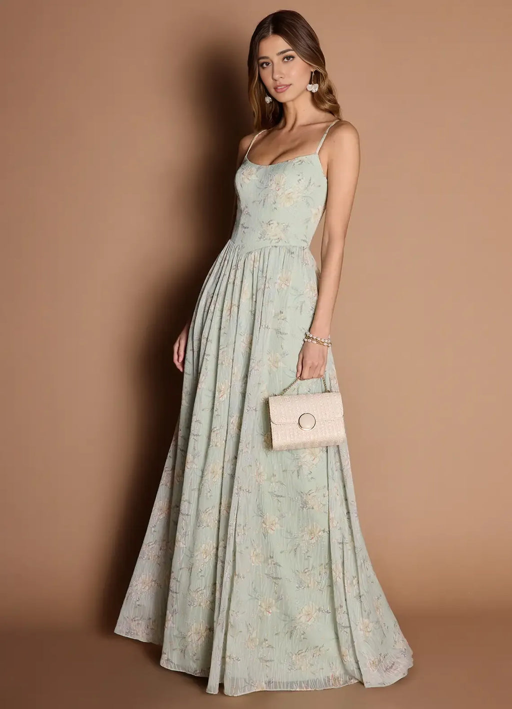 Dress Spaghetti Straps Elegant Maxi Dress Prom Dress Sleeveless Backless Flower Printed A-Line Evening Dress