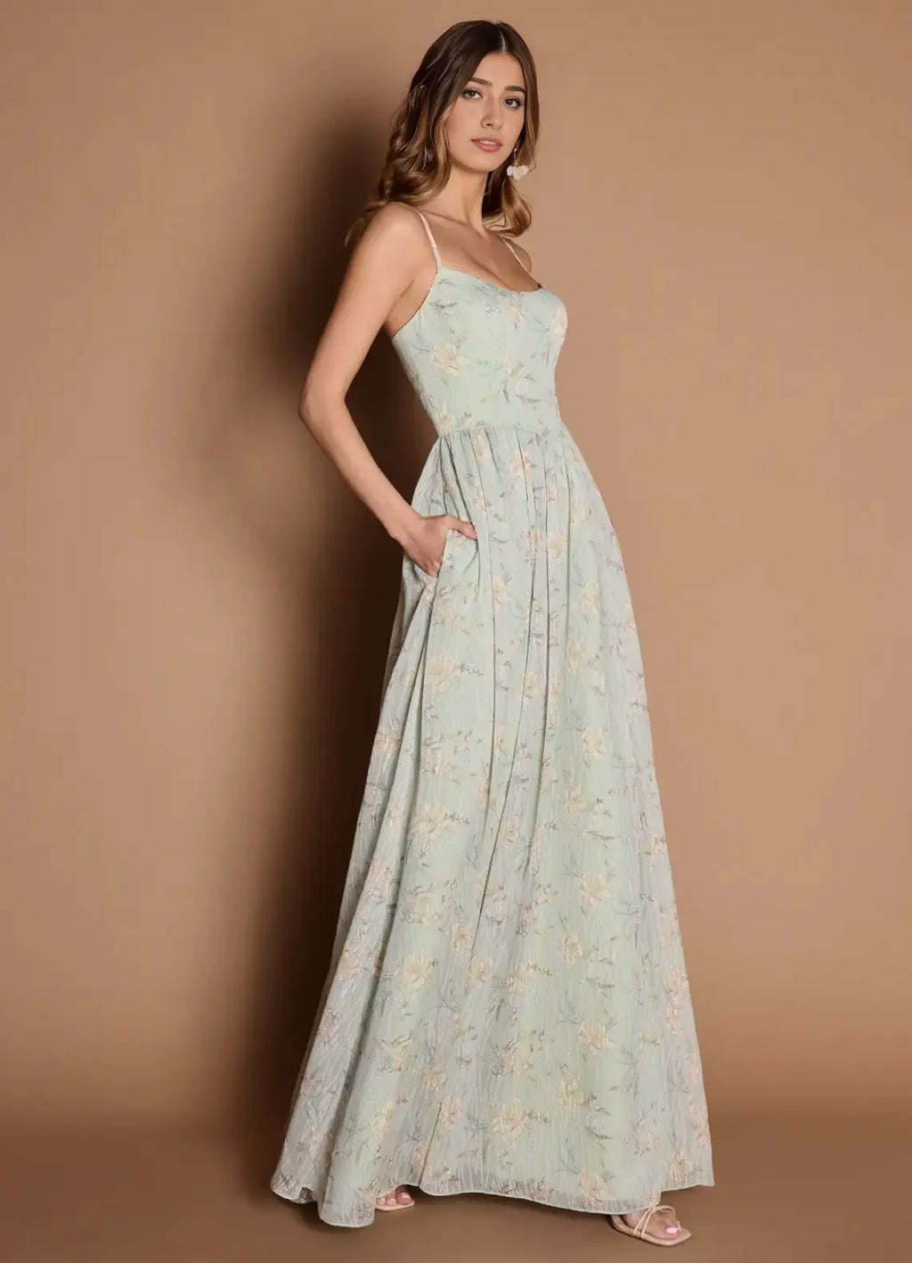 Dress Spaghetti Straps Elegant Maxi Dress Prom Dress Sleeveless Backless Flower Printed A-Line Evening Dress