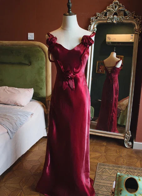Burgundy Dress Spaghetti Straps Elegant Sleeveless 3D Flower Back Tie Mermaid Prom Dress