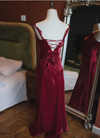 Burgundy Dress Spaghetti Straps Elegant Sleeveless 3D Flower Back Tie Mermaid Prom Dress