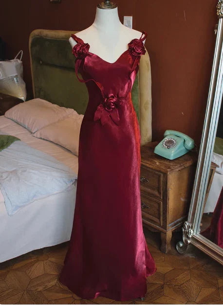 Burgundy Dress Spaghetti Straps Elegant Sleeveless 3D Flower Back Tie Mermaid Prom Dress
