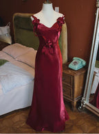 Burgundy Dress Spaghetti Straps Elegant Sleeveless 3D Flower Back Tie Mermaid Prom Dress