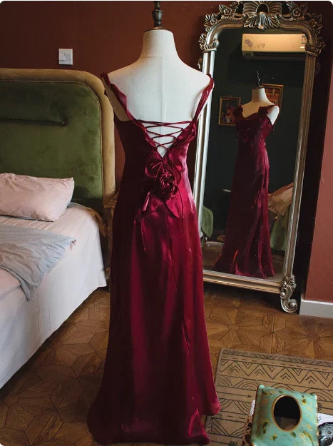 Burgundy Dress Spaghetti Straps Elegant Sleeveless 3D Flower Back Tie Mermaid Prom Dress
