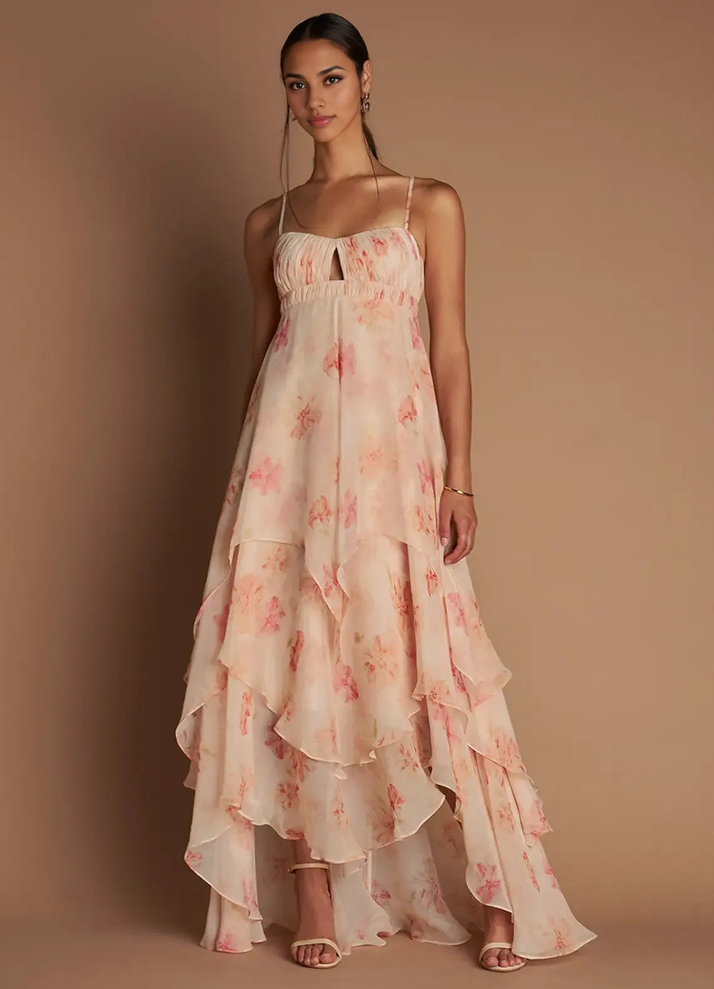 Multi Dress Spaghetti Straps Peach Romantic Flower Printed Maxi Dress Sleeveless Princess Layer Prom Dress