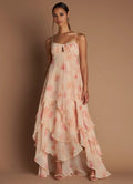 Multi Dress Spaghetti Straps Peach Romantic Flower Printed Maxi Dress Sleeveless Princess Layer Prom Dress