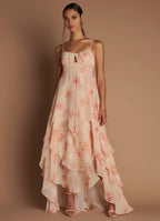 Multi Dress Spaghetti Straps Peach Romantic Flower Printed Maxi Dress Sleeveless Princess Layer Prom Dress