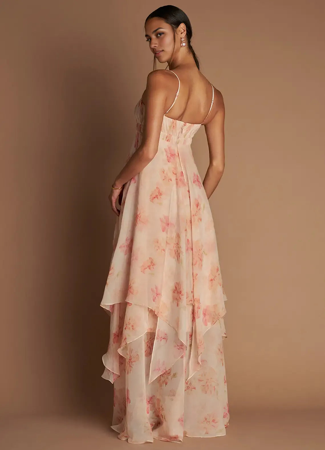 Multi Dress Spaghetti Straps Peach Romantic Flower Printed Maxi Dress Sleeveless Princess Layer Prom Dress