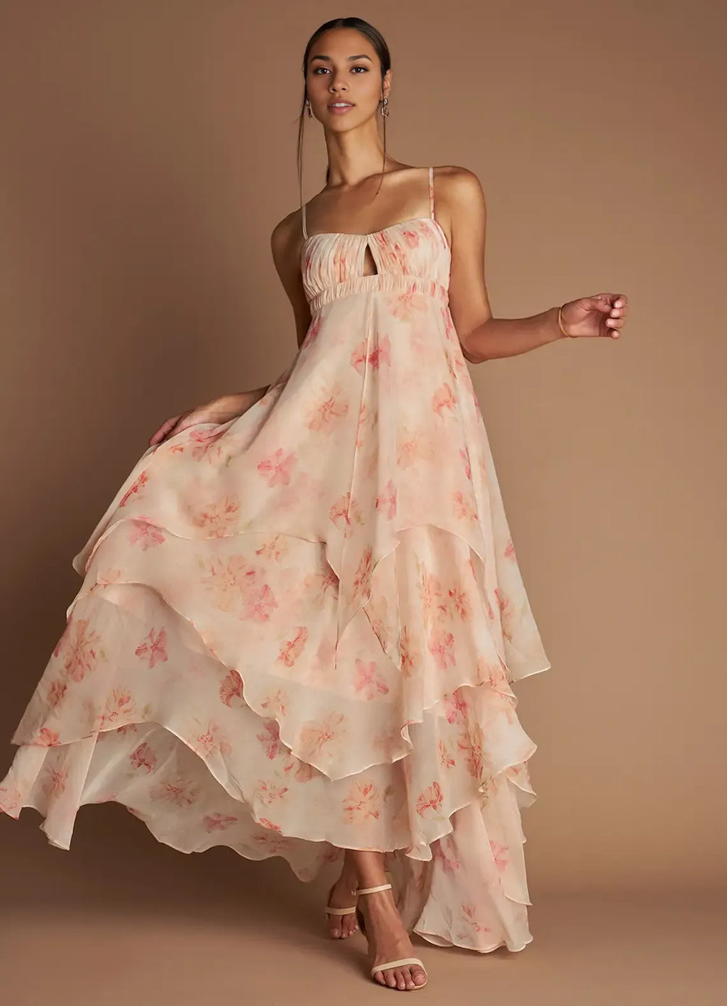 Multi Dress Spaghetti Straps Peach Romantic Flower Printed Maxi Dress Sleeveless Princess Layer Prom Dress