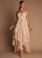 Multi Dress Spaghetti Straps Peach Romantic Flower Printed Maxi Dress Sleeveless Princess Layer Prom Dress