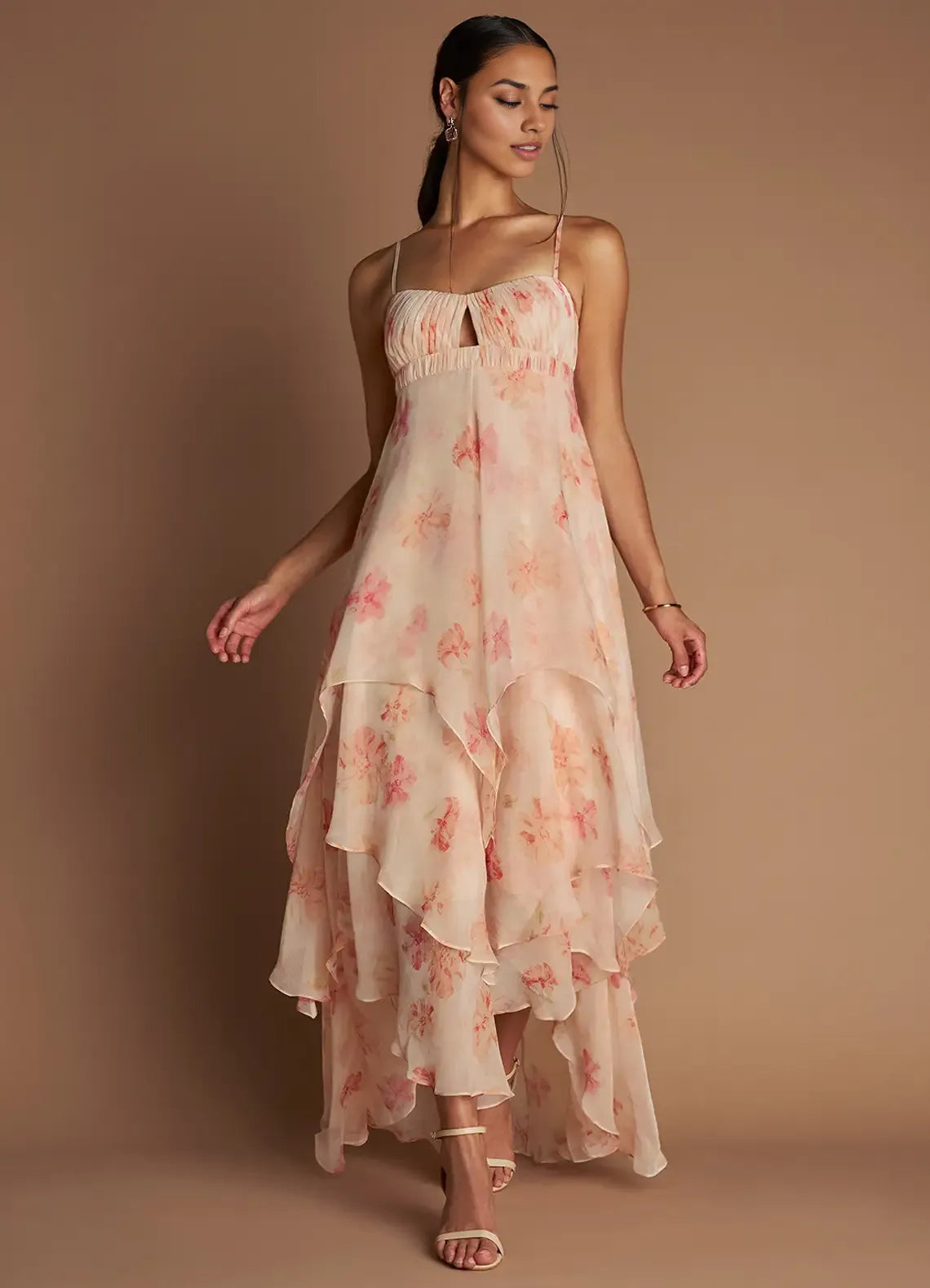 Multi Dress Spaghetti Straps Peach Romantic Flower Printed Maxi Dress Sleeveless Princess Layer Prom Dress