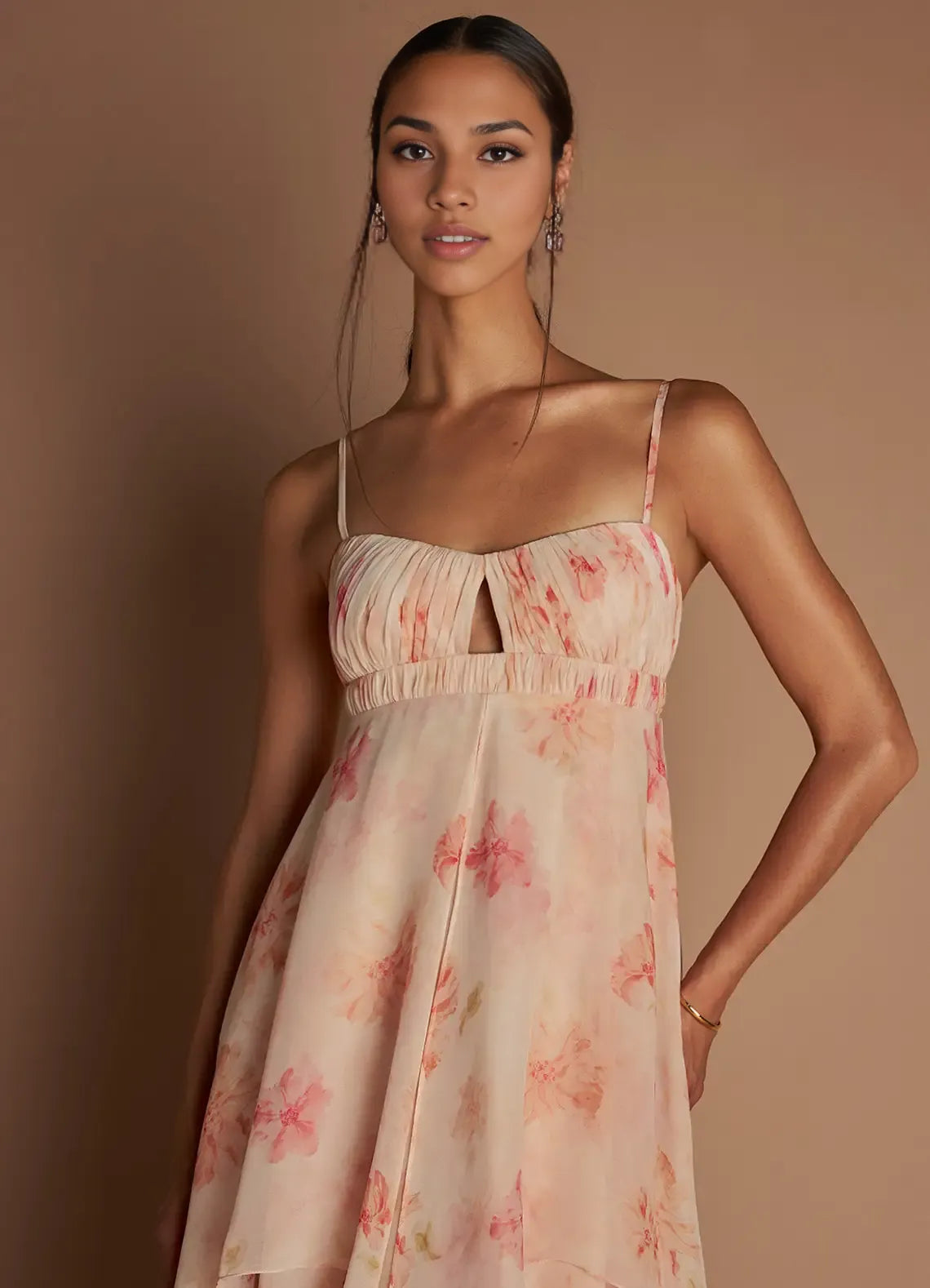 Multi Dress Spaghetti Straps Peach Romantic Flower Printed Maxi Dress Sleeveless Princess Layer Prom Dress
