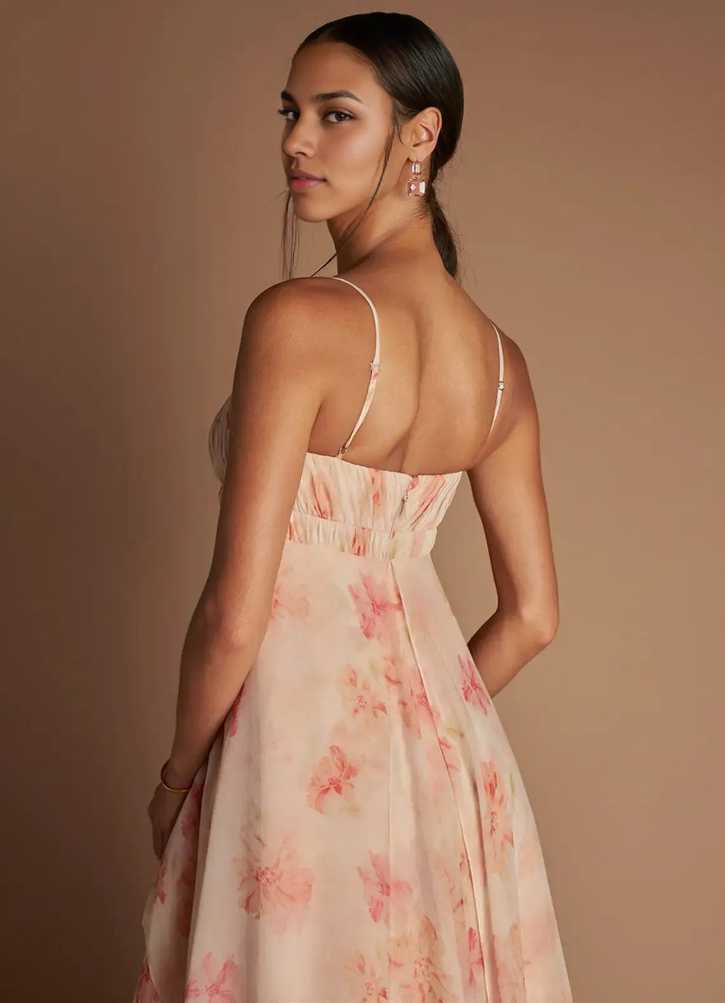 Multi Dress Spaghetti Straps Peach Romantic Flower Printed Maxi Dress Sleeveless Princess Layer Prom Dress