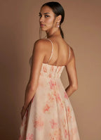 Multi Dress Spaghetti Straps Peach Romantic Flower Printed Maxi Dress Sleeveless Princess Layer Prom Dress