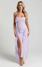 Lilac Dress Spaghetti Straps Ruffle Midi Dress Modern Solid Color Sleeveless Backless Party Evening Dress