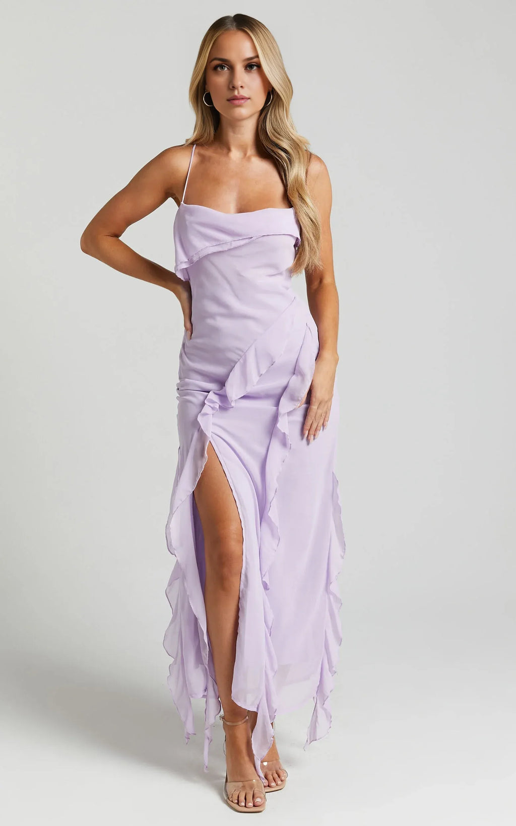 Lilac Dress Spaghetti Straps Ruffle Midi Dress Modern Solid Color Sleeveless Backless Party Evening Dress