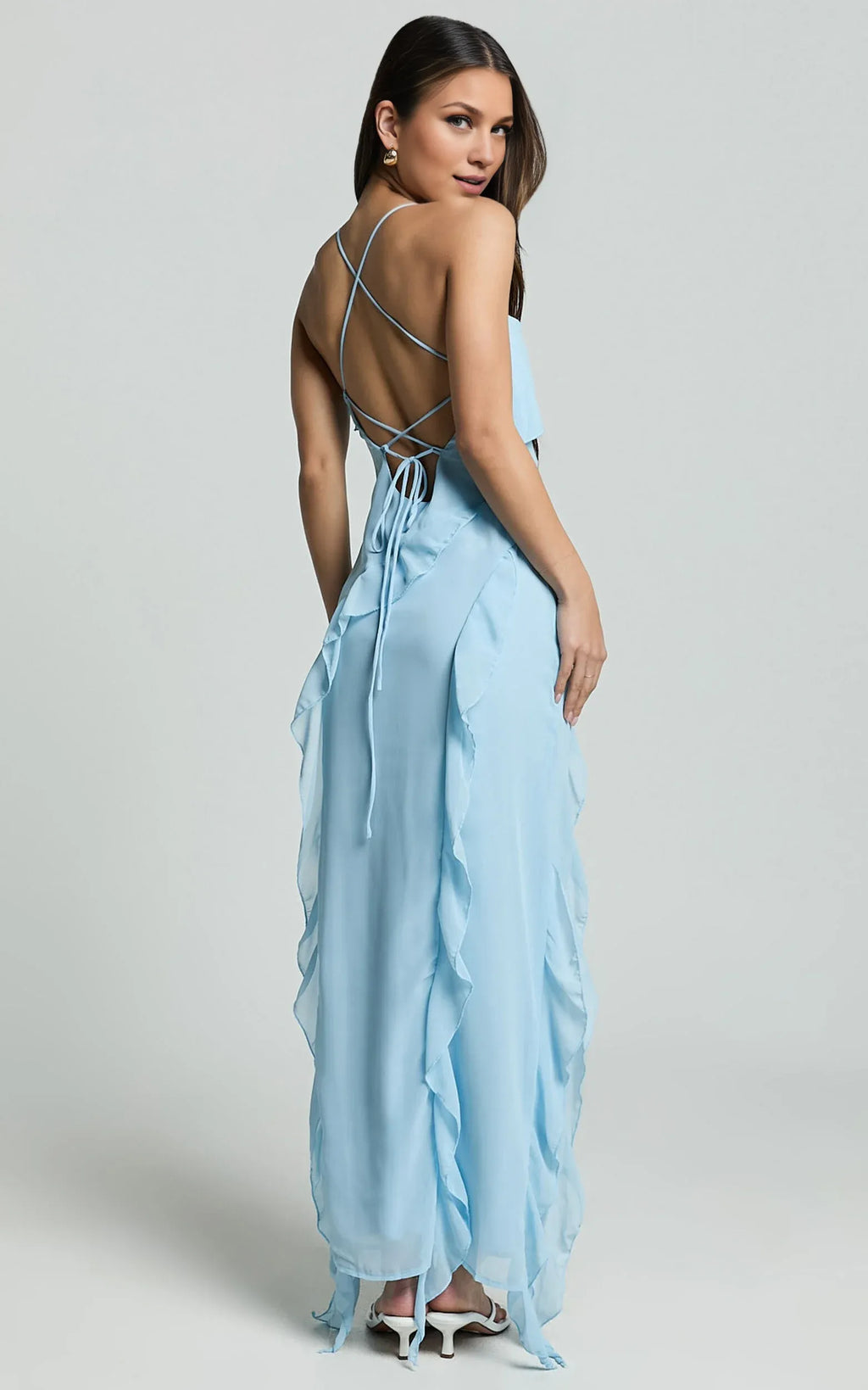 Lilac Dress Spaghetti Straps Ruffle Midi Dress Modern Solid Color Sleeveless Backless Party Evening Dress