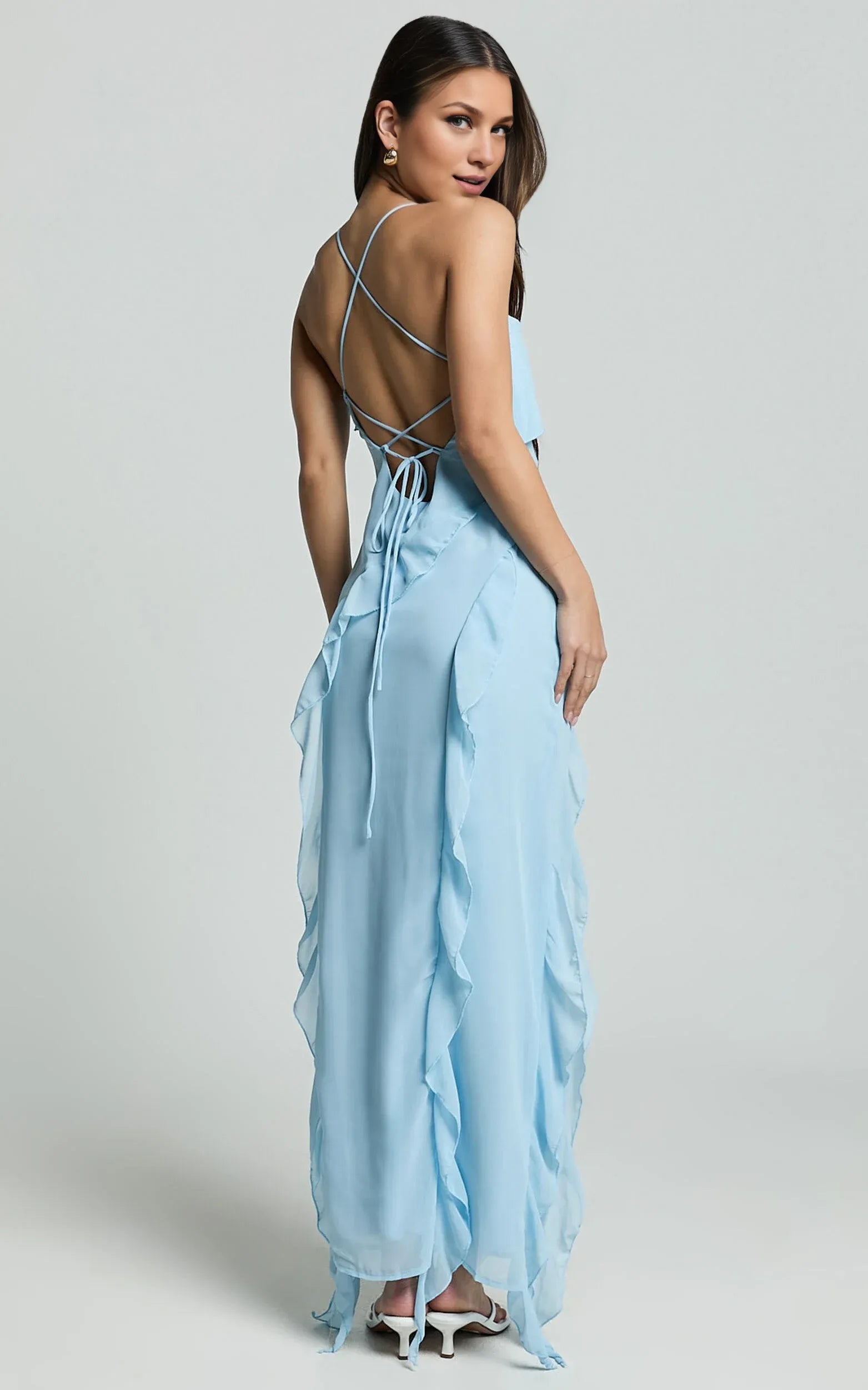 Lilac Dress Spaghetti Straps Ruffle Midi Dress Modern Solid Color Sleeveless Backless Party Evening Dress