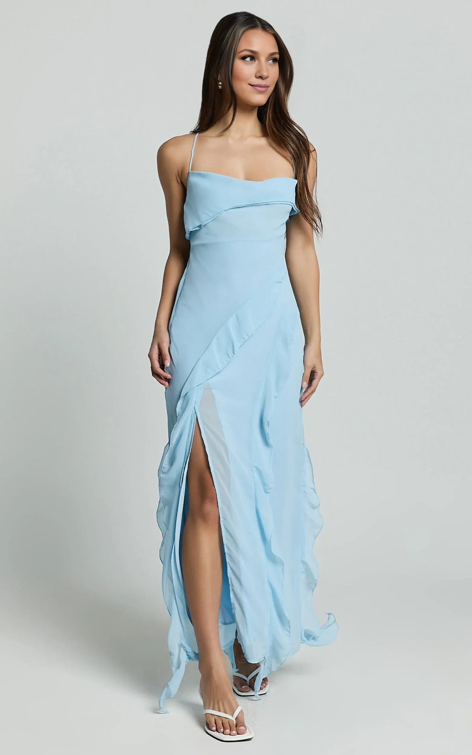 Lilac Dress Spaghetti Straps Ruffle Midi Dress Modern Solid Color Sleeveless Backless Party Evening Dress
