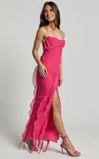 Lilac Dress Spaghetti Straps Ruffle Midi Dress Modern Solid Color Sleeveless Backless Party Evening Dress