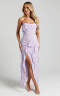 Lilac Dress Spaghetti Straps Ruffle Midi Dress Modern Solid Color Sleeveless Backless Party Evening Dress