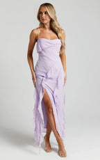 Lilac Dress Spaghetti Straps Ruffle Midi Dress Modern Solid Color Sleeveless Backless Party Evening Dress