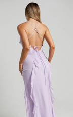 Lilac Dress Spaghetti Straps Ruffle Midi Dress Modern Solid Color Sleeveless Backless Party Evening Dress
