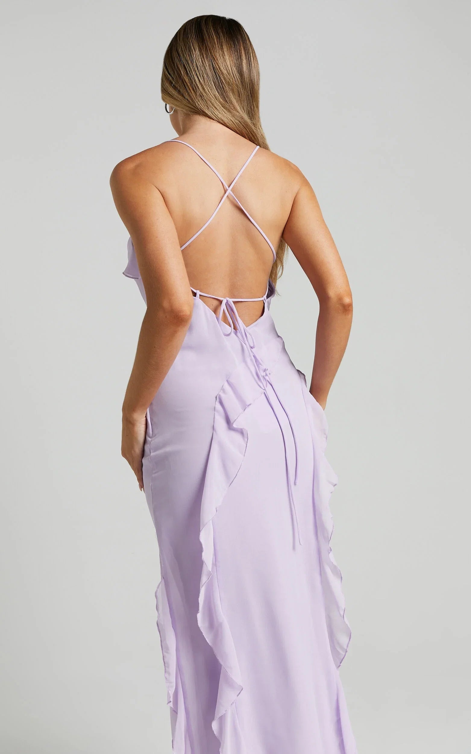 Lilac Dress Spaghetti Straps Ruffle Midi Dress Modern Solid Color Sleeveless Backless Party Evening Dress