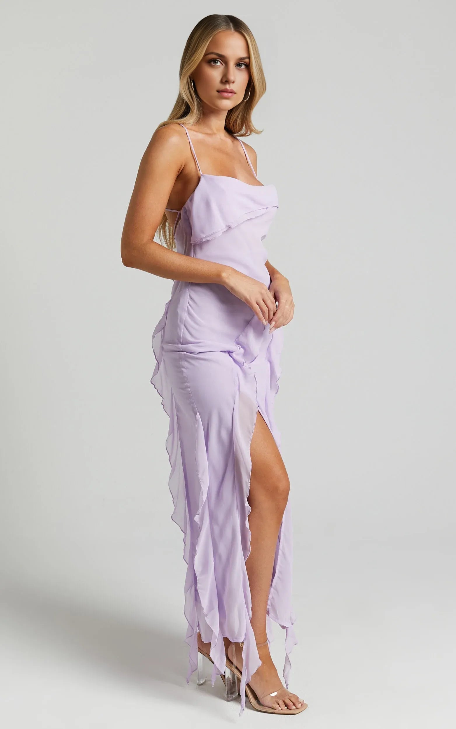 Lilac Dress Spaghetti Straps Ruffle Midi Dress Modern Solid Color Sleeveless Backless Party Evening Dress