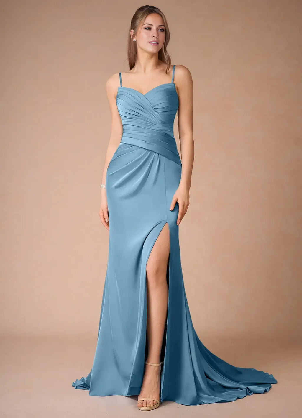 Blue Dress Spaghetti Straps Steel Simple Maxi Dress Sleeveless Mermaid Side Slit Prom Dress