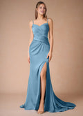 Blue Dress Spaghetti Straps Steel Simple Maxi Dress Sleeveless Mermaid Side Slit Prom Dress
