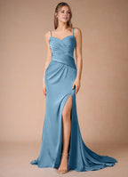 Blue Dress Spaghetti Straps Steel Simple Maxi Dress Sleeveless Mermaid Side Slit Prom Dress