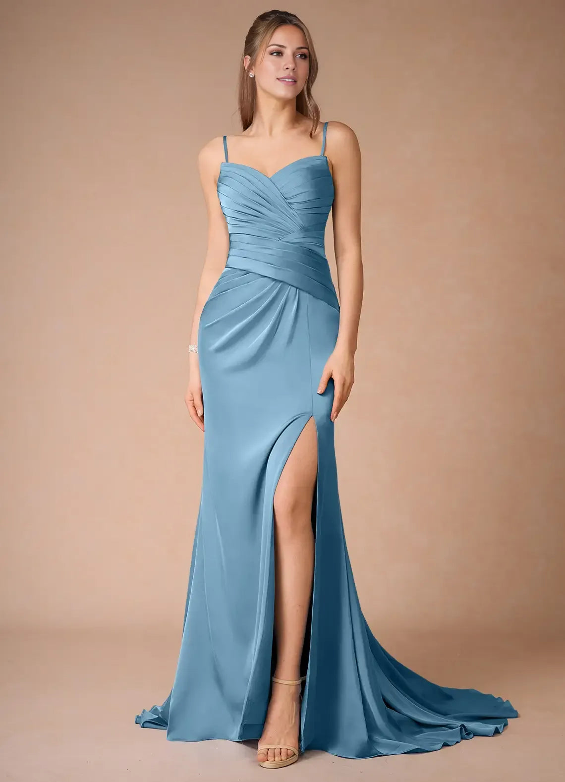 Blue Dress Spaghetti Straps Steel Simple Maxi Dress Sleeveless Mermaid Side Slit Prom Dress