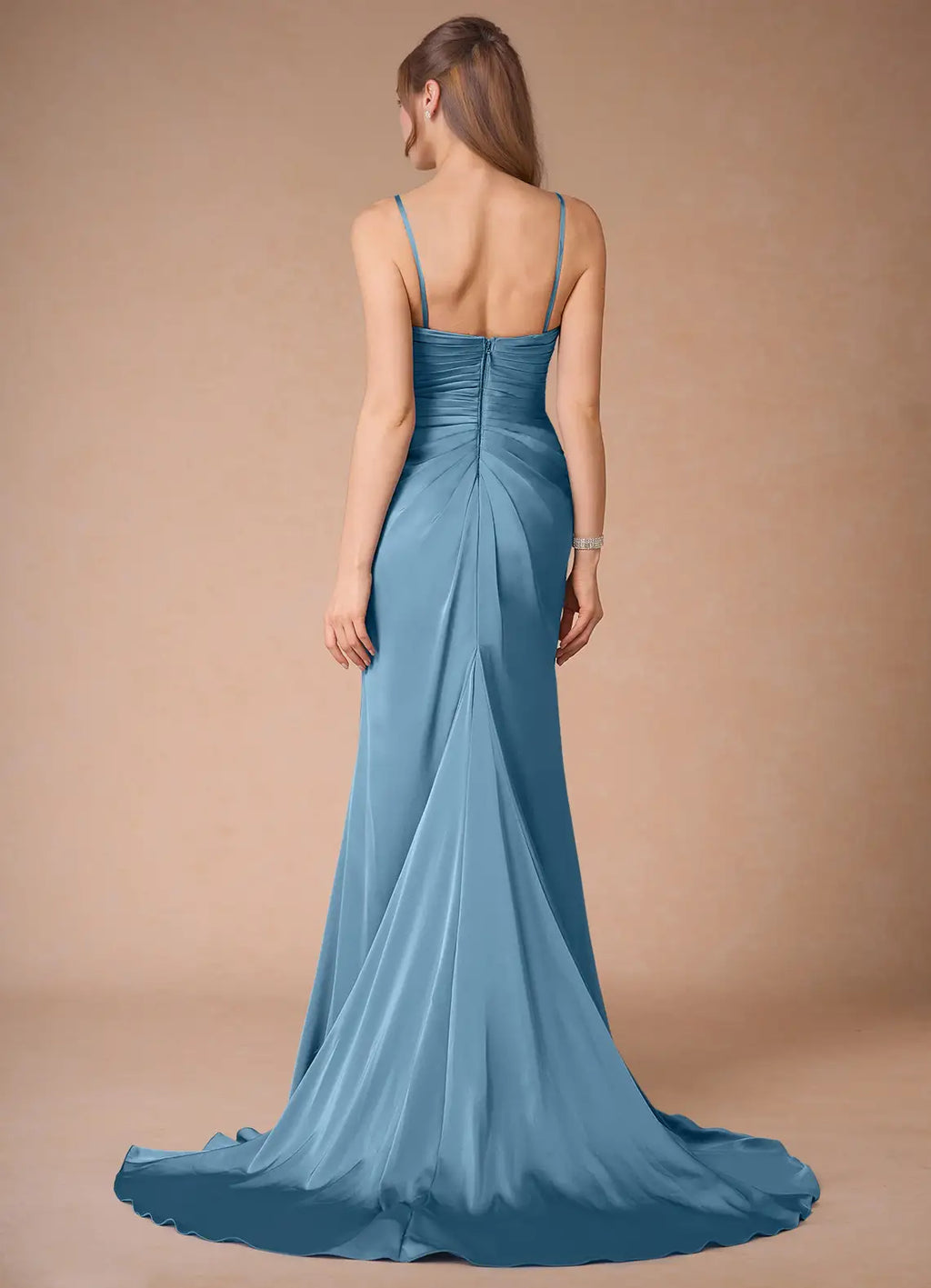 Blue Dress Spaghetti Straps Steel Simple Maxi Dress Sleeveless Mermaid Side Slit Prom Dress