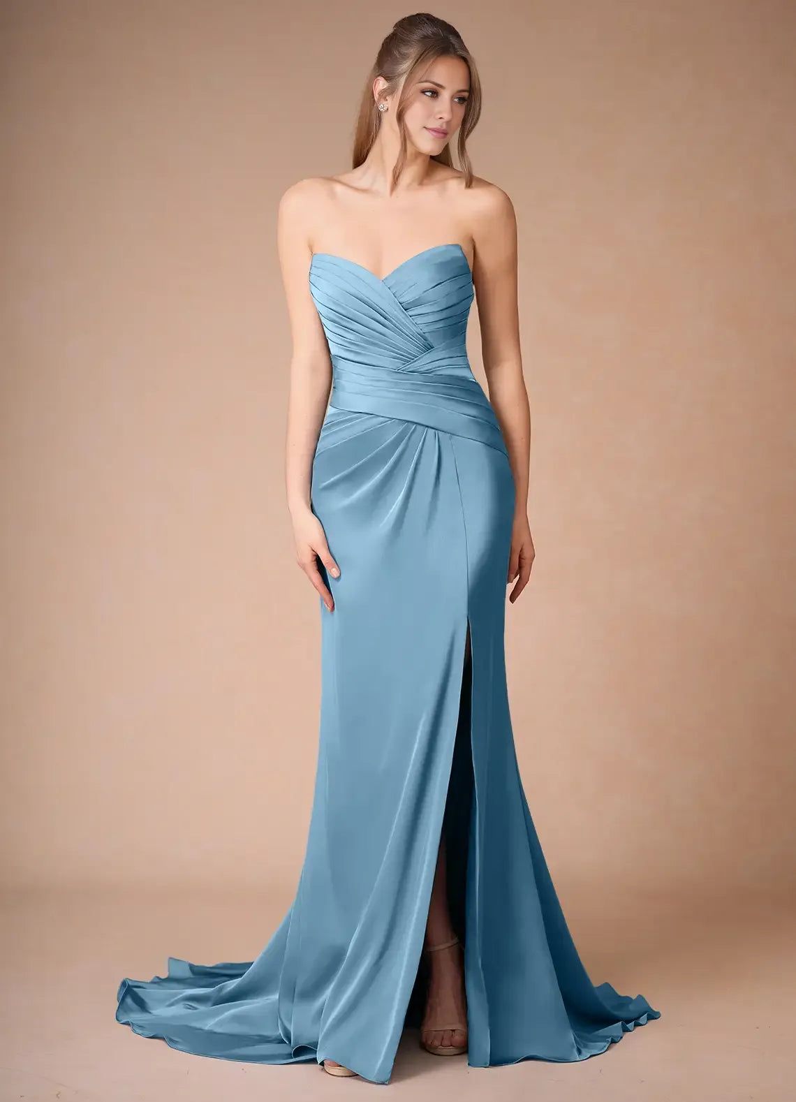 Blue Dress Spaghetti Straps Steel Simple Maxi Dress Sleeveless Mermaid Side Slit Prom Dress