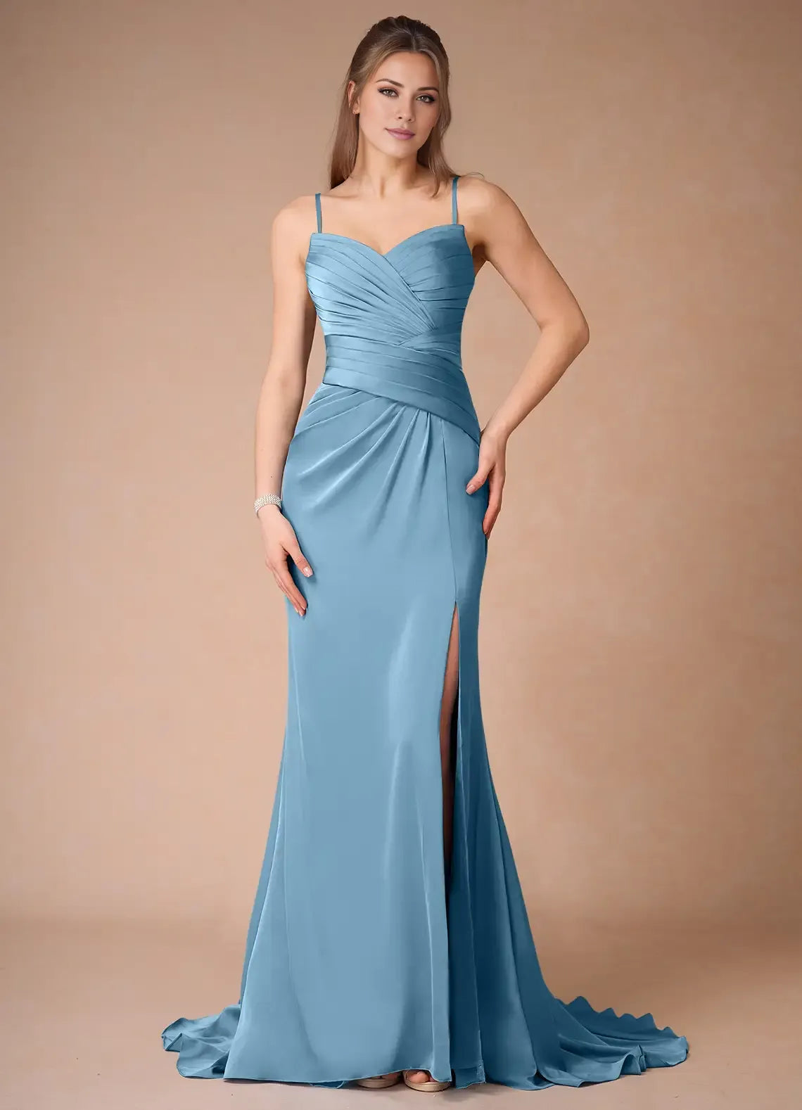 Blue Dress Spaghetti Straps Steel Simple Maxi Dress Sleeveless Mermaid Side Slit Prom Dress