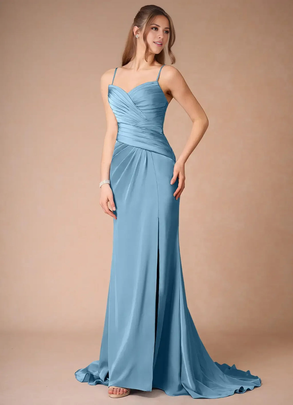 Blue Dress Spaghetti Straps Steel Simple Maxi Dress Sleeveless Mermaid Side Slit Prom Dress