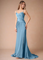 Blue Dress Spaghetti Straps Steel Simple Maxi Dress Sleeveless Mermaid Side Slit Prom Dress