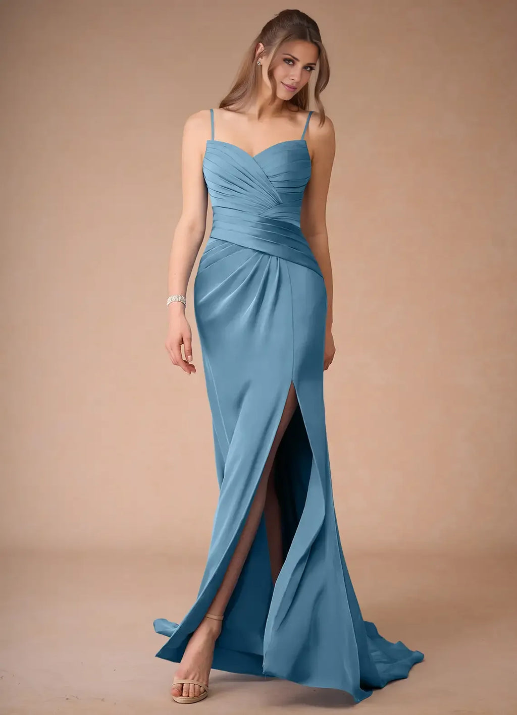 Blue Dress Spaghetti Straps Steel Simple Maxi Dress Sleeveless Mermaid Side Slit Prom Dress