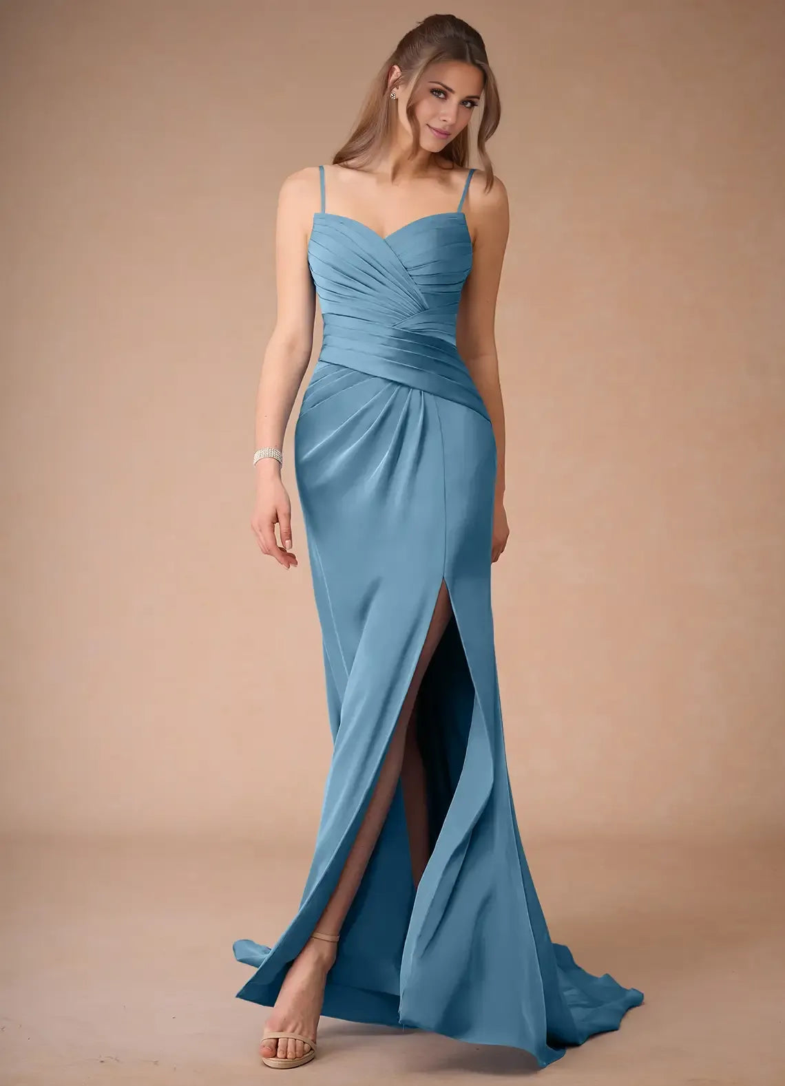 Blue Dress Spaghetti Straps Steel Simple Maxi Dress Sleeveless Mermaid Side Slit Prom Dress