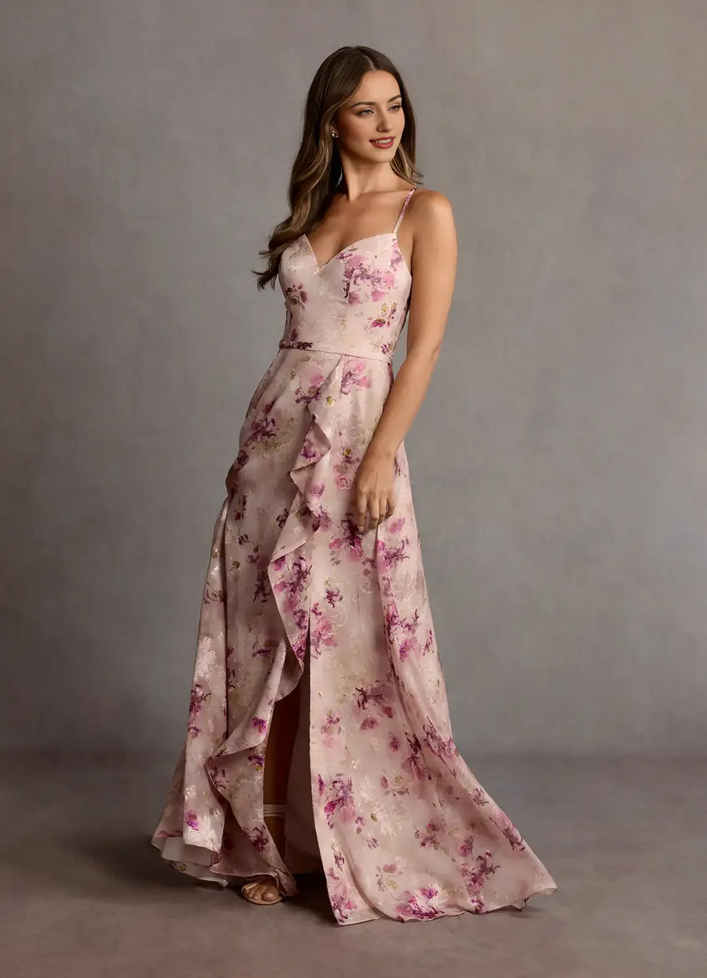 Dress Spaghetti Straps V Neck Romantic Floral Maxi Dress Sleeveless Ruffle Slit Floor Length Backless Prom Dress