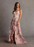 Dress Spaghetti Straps V Neck Romantic Floral Maxi Dress Sleeveless Ruffle Slit Floor Length Backless Prom Dress