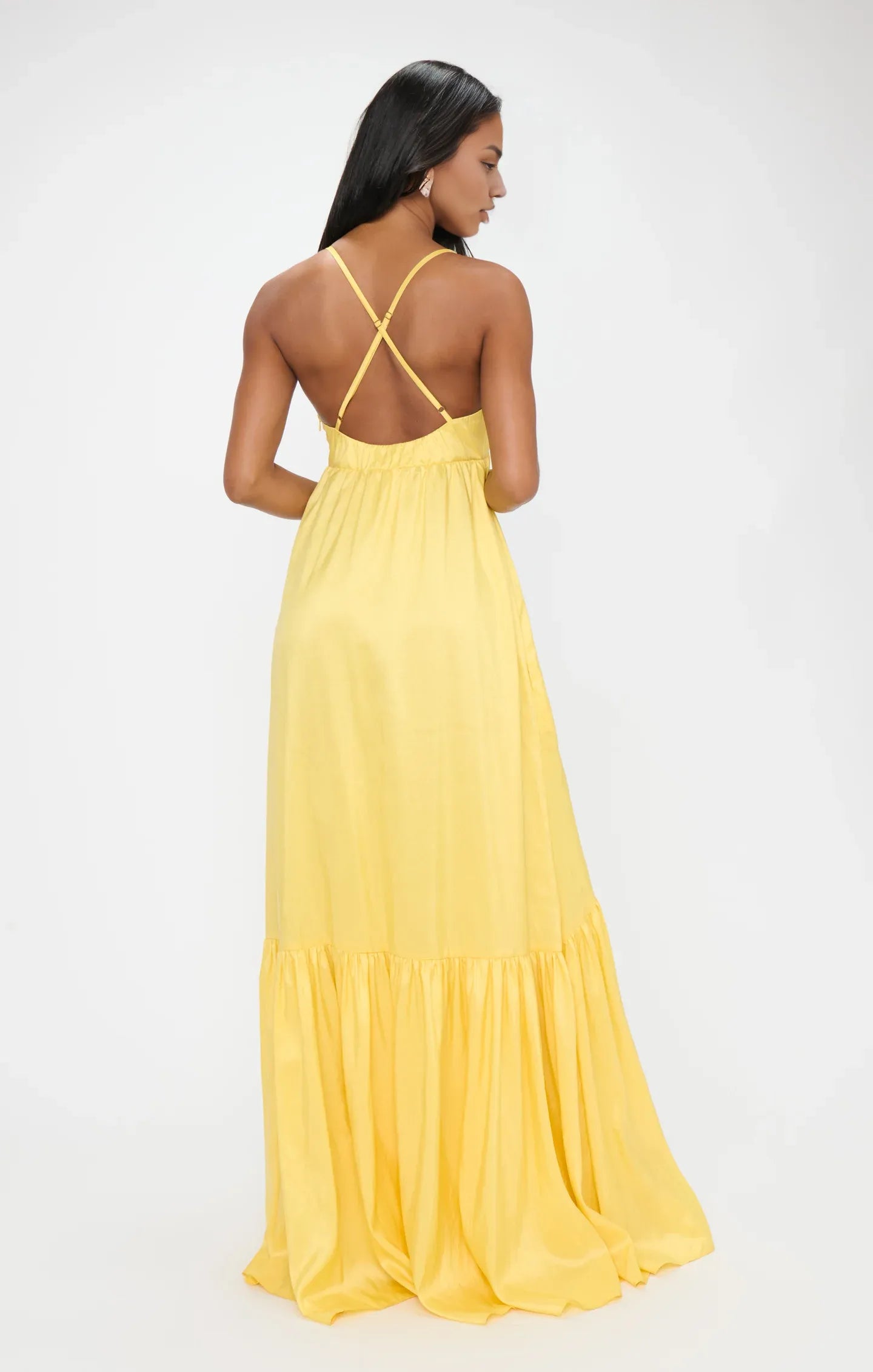 Yellow Dress Spaghetti Straps V Neck Maxi Dress Princess Solid Color Crisscross Back Elegant Prom Dress